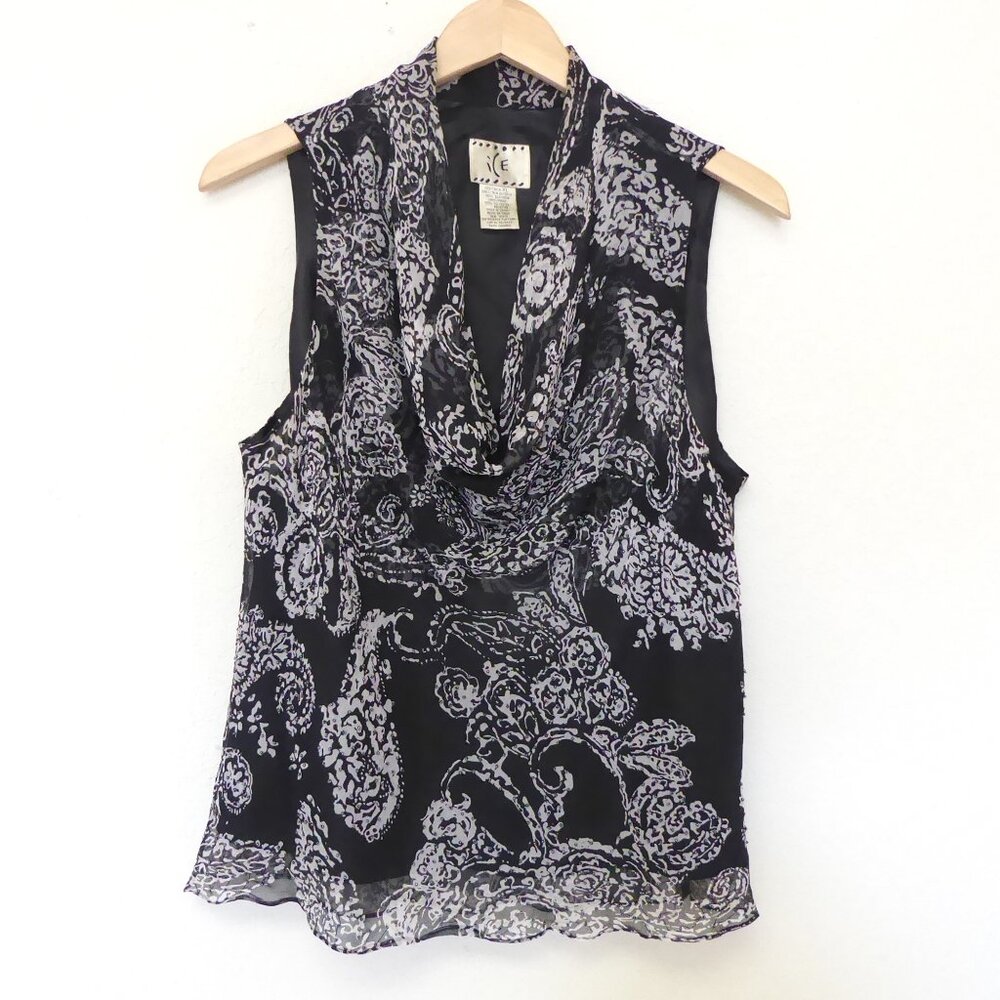 2000s Y2K Ice black and cream paisley beaded cowl neck tank top size large